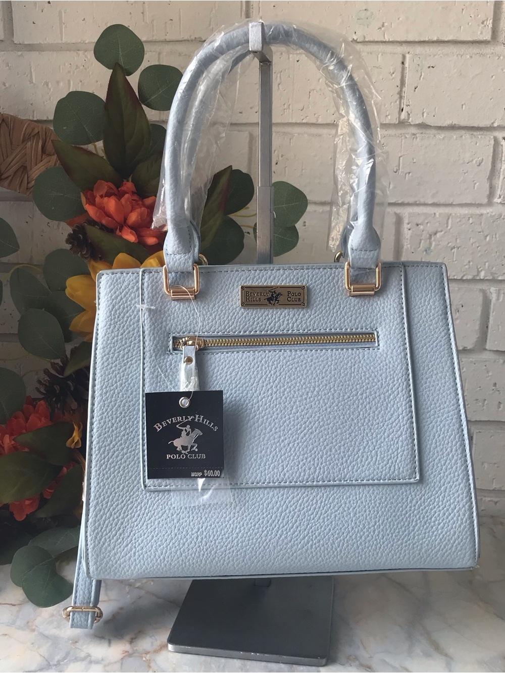 Beverly Hills Polo Club Light Baby Blue Structured Tote Crossbody Strap NEW